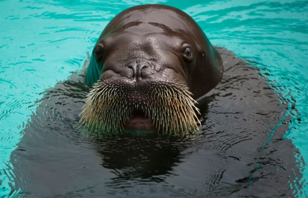 Close-up of a young walrus’s head as it emerges from the water