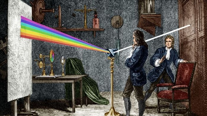 Isaac Newton refracting light through a glass prism.
