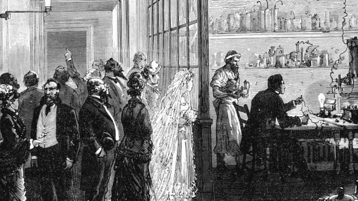A sketch of Thomas Edison conducting experiments with electric lamps on the day of his wedding.