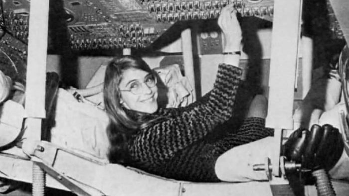 Margaret Hamilton, the brilliant software engineer who led the development of Apollo's flight software, aboard the Apollo Command Module.