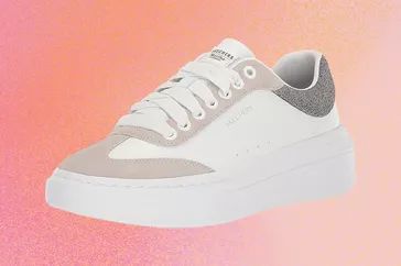 Skechers Martha Stewart Cordova ClassicSpirit shoes set against a pink gradient background