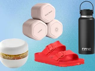 A collection of food storage items, travel sets, water bottles, and Birkenstock sandals displayed against a blue gradient background.