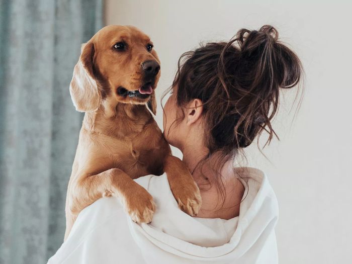 Woman sporting a messy bun at home, accompanied by her dog