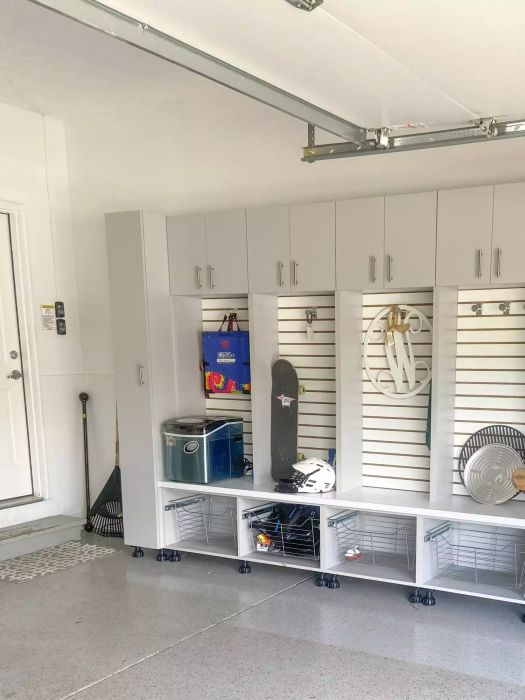 Garage Built-In Cubbies with Storage Hooks and Bench