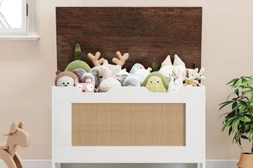 IDEALHOUSE Storage Chest with plush toys peeking out, set in a beige room