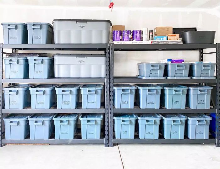 Garage Organization, Uniform Blue Bins on Sturdy Metal Shelves
