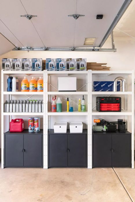 White Shelving and Gray Cabinets for Garage Organization