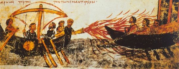 Two Warships Using Greek Fire