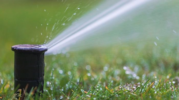 A functioning sprinkler spraying water over damp grass.