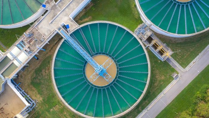 An aerial perspective of a water treatment facility.