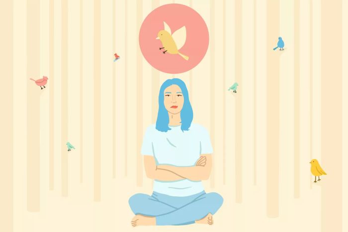 Illustration of a woman practicing mindfulness in the woods