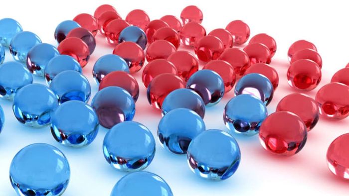 Blue and red marbles.