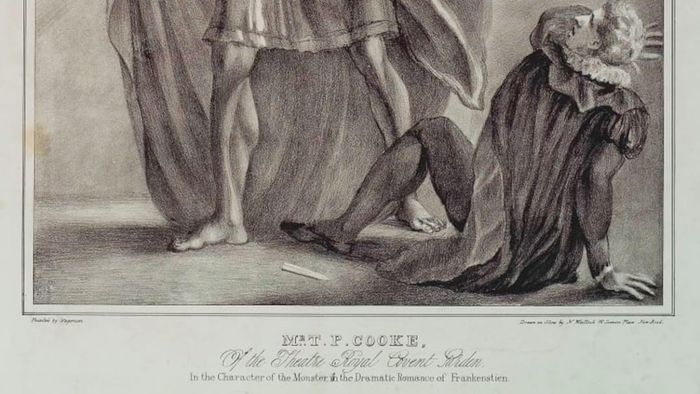 A lithograph from the 1823 production of the play *Presumption; or, the Fate of Frankenstein*, inspired by Shelley's novel.