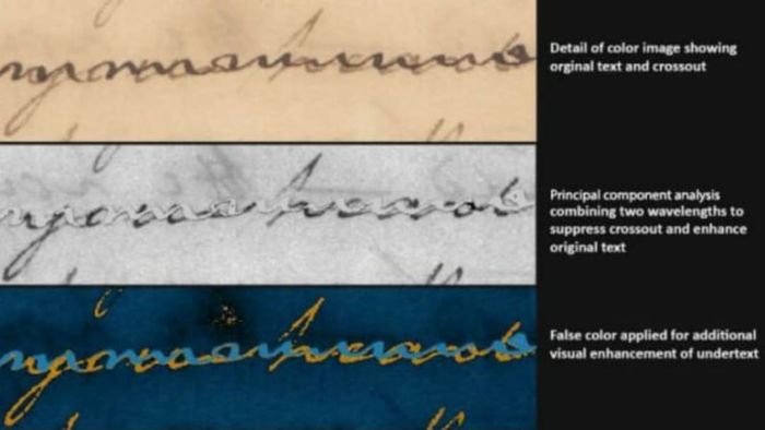 Hyperspectral imaging of Hamilton's writing, from being hidden (top) to revealed and distinct (bottom).