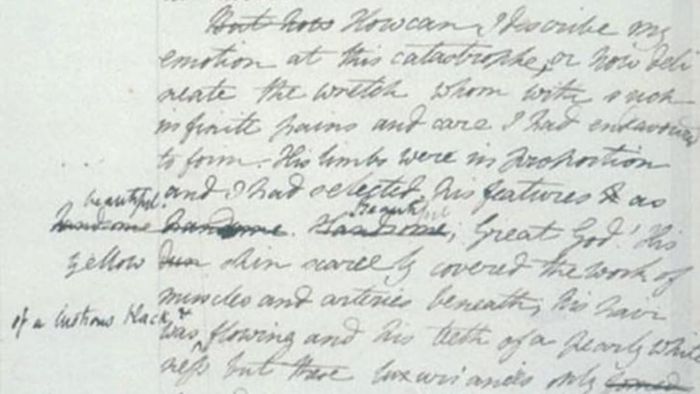 A page from the original draft of *Frankenstein*.