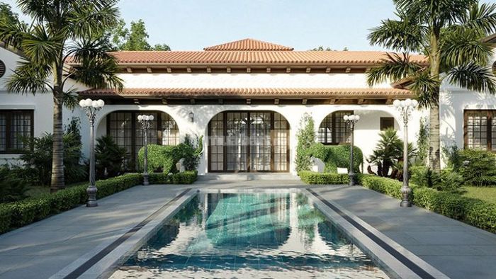 Biệt thự 1 tầng tân cổ điển phong cách Địa Trung Hải, kết hợp hồ bơi thư giãn trong không gian sang trọng