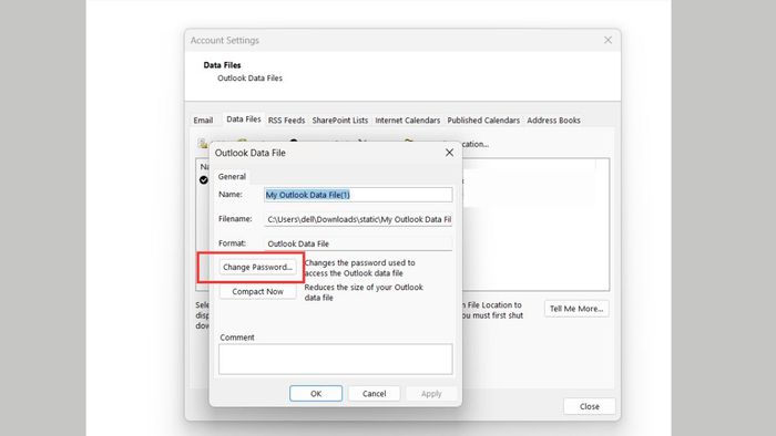 Thay đổi mật khẩu file dữ liệu Outlook - Bước thứ tư