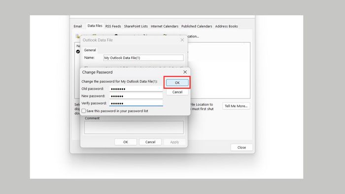 Thay đổi mật khẩu file dữ liệu Outlook - Bước thứ năm