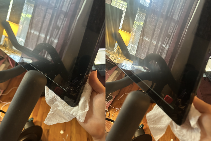Before and after cleaning the Peloton screen