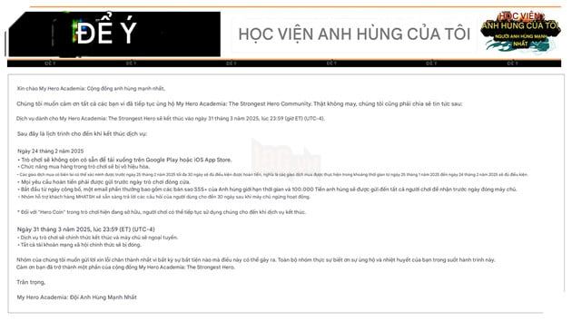 Tựa game RPG chuyển thể từ My Hero Academia thông báo sẽ ngừng hoạt động sau 4 năm phát triển.