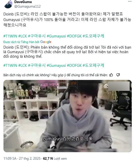 Doinb đã chính thức lên tiếng về tương lai của Gumayusi trong một buổi stream gần đây