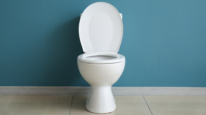 A white porcelain toilet positioned against a teal-colored wall