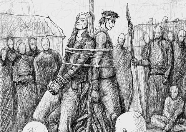 Two men are tied to the stake