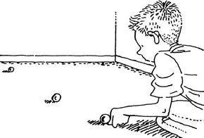 A depiction of a boy playing a traveling marbles game