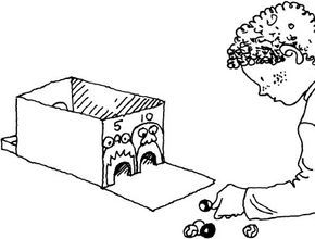 A depiction of a boy enjoying a funhouse marble game