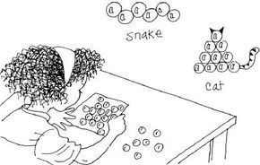 A depiction of a girl crafting animals using marbles