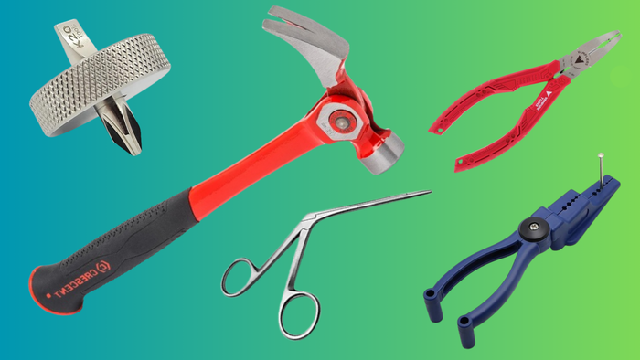 a visual collection of rare tools highlighted in this article - stubby screwdriver, versatile hammer, vampliers, nail pliers, and alligator forceps
