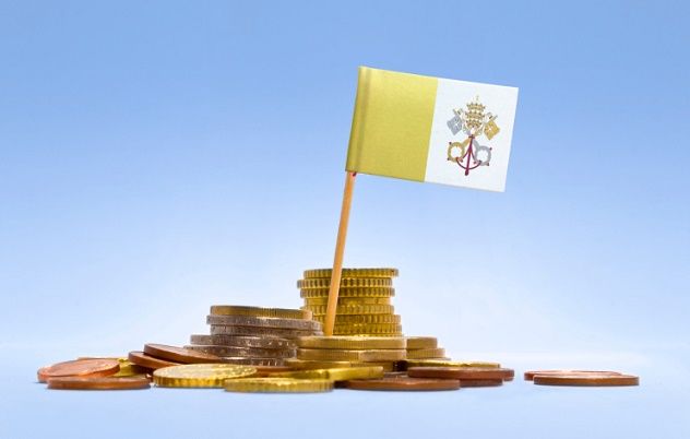 A depiction of the Vatican City flag amidst a collection of coins in a series.