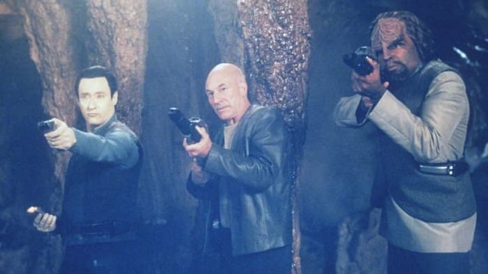 (From left) Brent Spiner, Patrick Stewart, and Michael Dorn in Star Trek: Insurrection (1998).