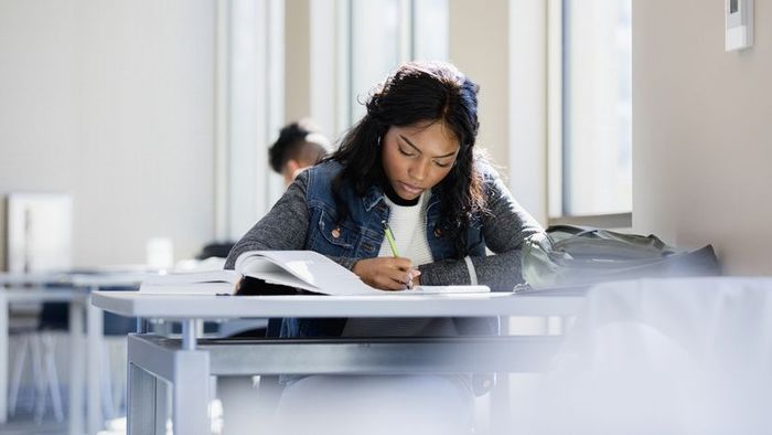 A young girl engaged in reading a textbook.