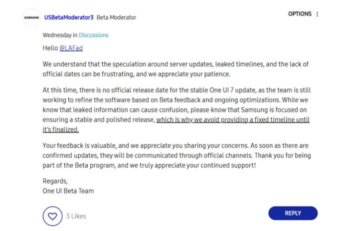 Một quản trị viên trên Samsung Community cho biết Samsung vẫn đang trong giai đoạn hoàn thiện One UI 7