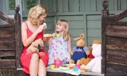 mother, daughter, tea party with stuffed animals