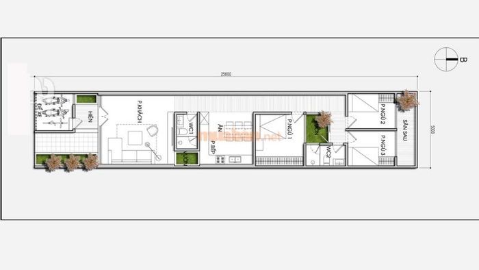 Bố trí công năng cho nhà ống 1 tầng 5x25m