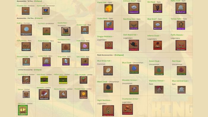 Giá trị giao dịch của phụ kiện trong King Legacy