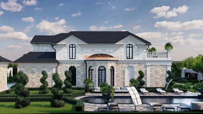 kết hợp hài hòa với khu vườn rợp bóng cây, đài phun nước hoặc hồ bơi