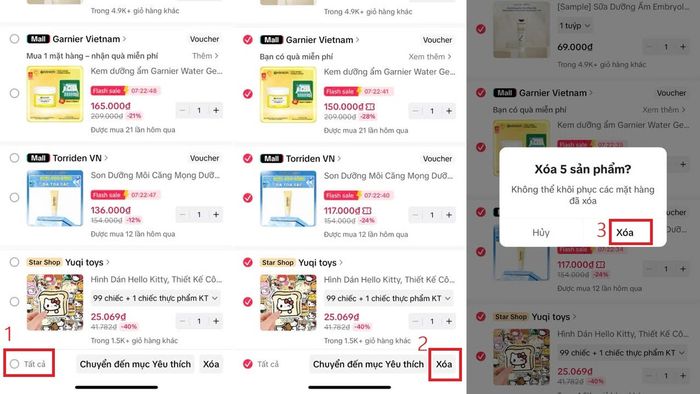 Hướng dẫn chi tiết cách xóa toàn bộ sản phẩm trong giỏ hàng TikTok - bước 3 và 4
