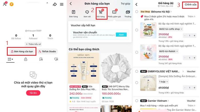 Hướng dẫn chi tiết cách xóa từng sản phẩm trong giỏ hàng TikTok - bước 1 và 2