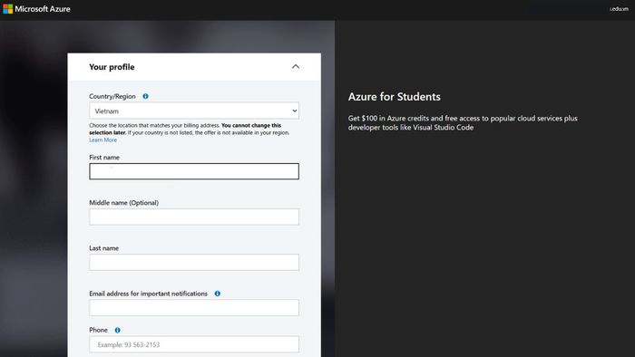 Hướng dẫn đăng ký Azure Student - bước thứ tư
