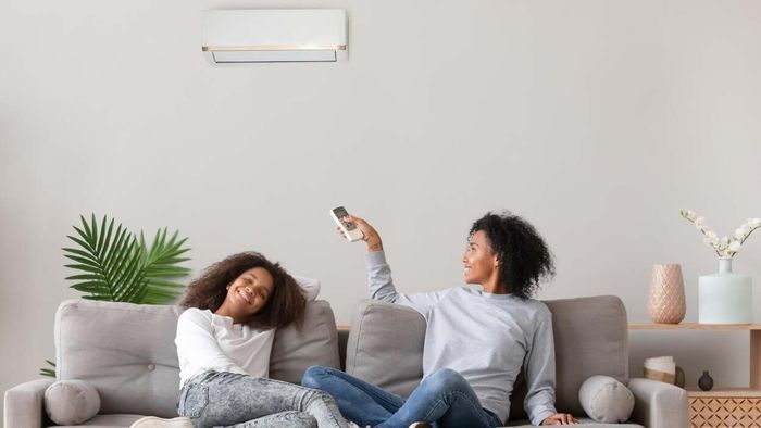 A photo of a Black teenage girl and a Black woman relaxing on a gray sofa. The woman is using a remote to control a wall-mounted air conditioner, with a green palm plant visible behind the couch.