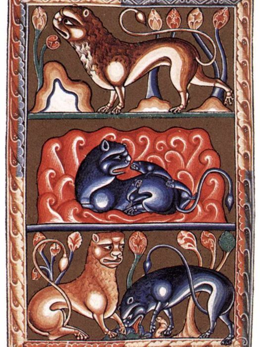 a medieval depiction featuring a collection of oddly portrayed lions