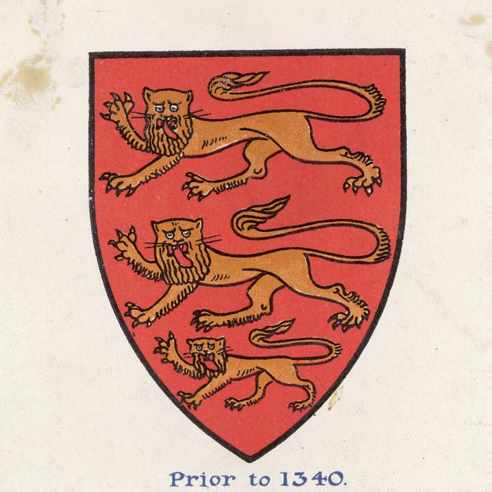 a red coat of arms displaying three comical lions sticking out their tongues