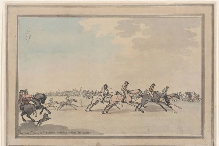 An 18th-century depiction of a horse race by Thomas Rowlandson, created in 1786.