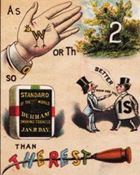 A Victorian-era advertising card from the Durham Tobacco company, circa 1879, utilizing rebus puzzles to promote their products.