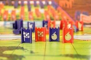 The stationary Stratego pieces, including bombs and flags, positioned on the board.