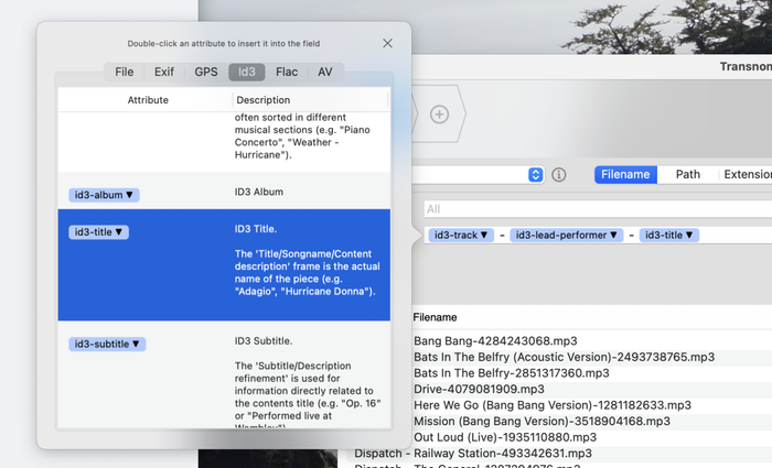 The metadata window provides access to file details, including EXIF, GPS, ID3, FLAC, and AV metadata.