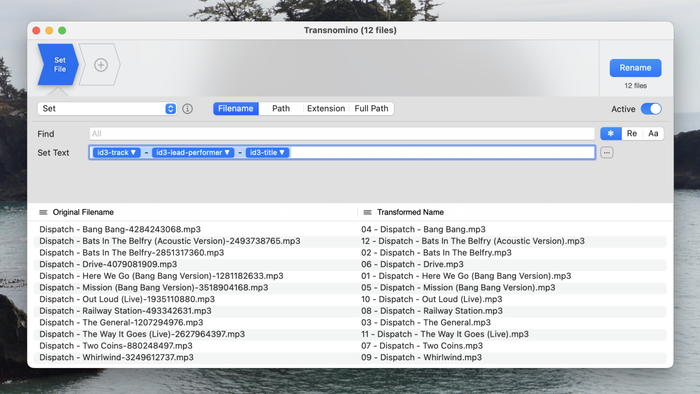 A screenshot displaying how tracks from a Dispatch album are renamed using ID3 metadata